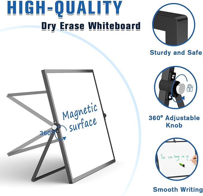 Grtard Dry Erase Magnetic White Board, 16''x12'' Double-Sided Desktop Whiteboard with Stand, Portable Small Whiteboard Set, Dry Erase Board for Drawing, ToDo, Office, Home, School(Black)