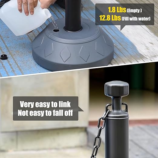 6-Set Pack 40" inch Black Work Zone Chain Post Set, Traffic Queue Delineator Post Cones, 6 x 6.6' Feet Plastic Chains, Portable Crowd Control Stanchions Set (Black-Water Filled Base)