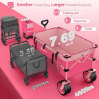 220L Collapsible Wagon Cart Foldable, 460lbs Load Capacity Heavy Duty Folding Beach Wagons with Big All-Terrain Wheels, Utility Carts for Groceries, Camping, Sports - Pink