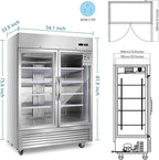 JINSONG Commercial Beverage Fridge Display Refrigerator, 54" Wide, Glass Door Refrigerator, Stainless Steel Beverage Cooler with LED Lighting & 8 Shelves for Restaurant, Office, Shop, Bar, 49 Cu.ft