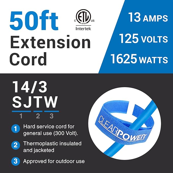 Clear Power 50 ft 14/3 SJTW -50°C Extreme Cold Weather Outdoor Extension Cord, Blue, Grounded Plug, Lighted Connector, Ideal for Snow Blowers & Power Tools, DCOC-0077-DC