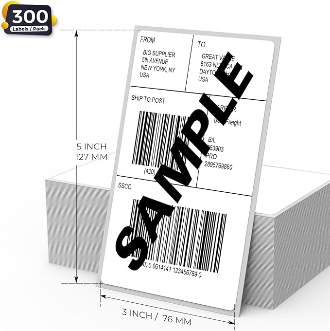 White Thermal Labels 3 × 5 Inch Vinyl Self-Adhesive Fanfold Direct Shipping Stickers Waterproof Perforated Printer Decal for Office Warehouse Barcode 300 PCS