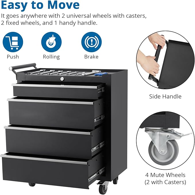 Heavy-Duty 4-Drawer Rolling Tool Chest with Locking System, Portable Tool Storage Cabinet with Wheels & Drawer Liners, Steel Tool Organizer Cart for Garage Workshop Tools, Black Finish