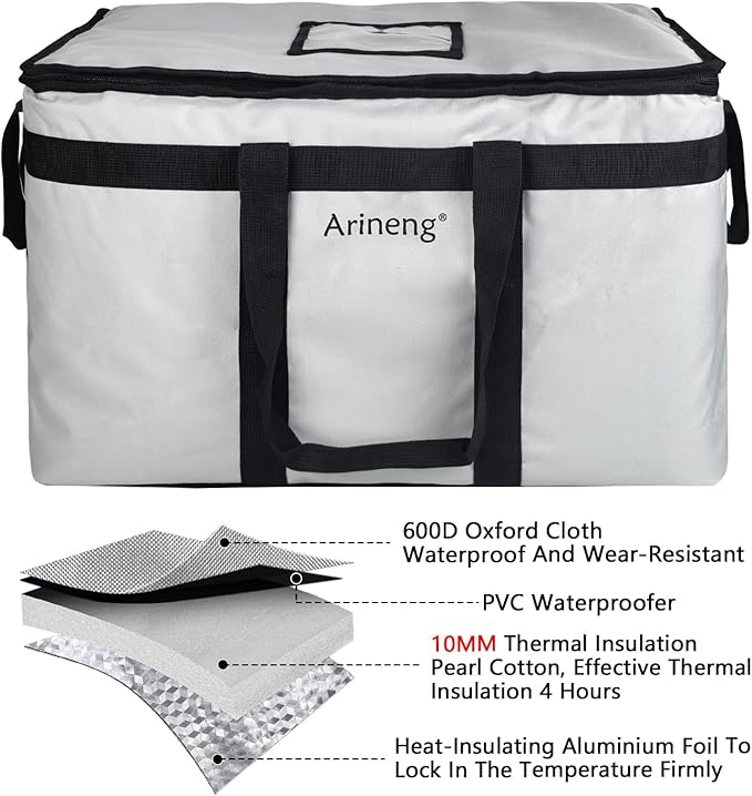 Food Delivery Insulated Bag, Insulated Cold Meal Bag, Built-in Base Plate, For Hot and Cold Food Takeout, Commercial Catering Transportation - 23 * 14 * 15 inches (NO Partitioned, Grey)
