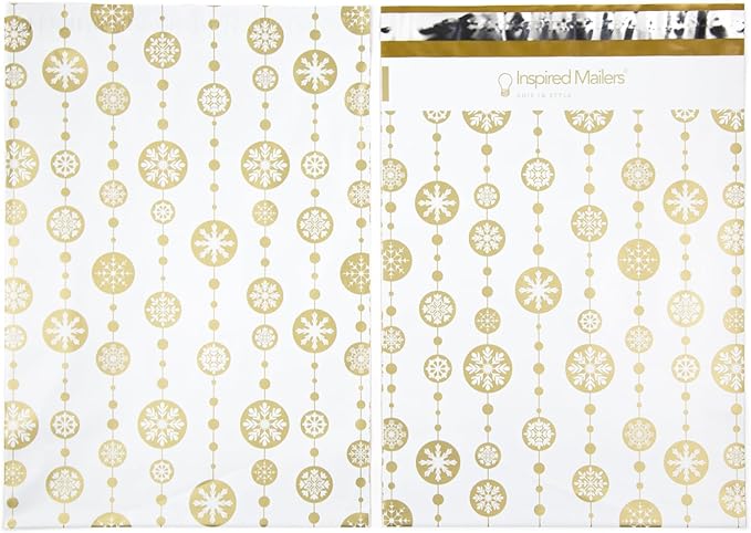 Inspired Mailers - Poly Mailers 10x13-100 Pack - Snowflake Baubles (Gold) - Holiday Poly Mailers - 10x13 Shipping Envelopes - Christmas Packaging Bags
