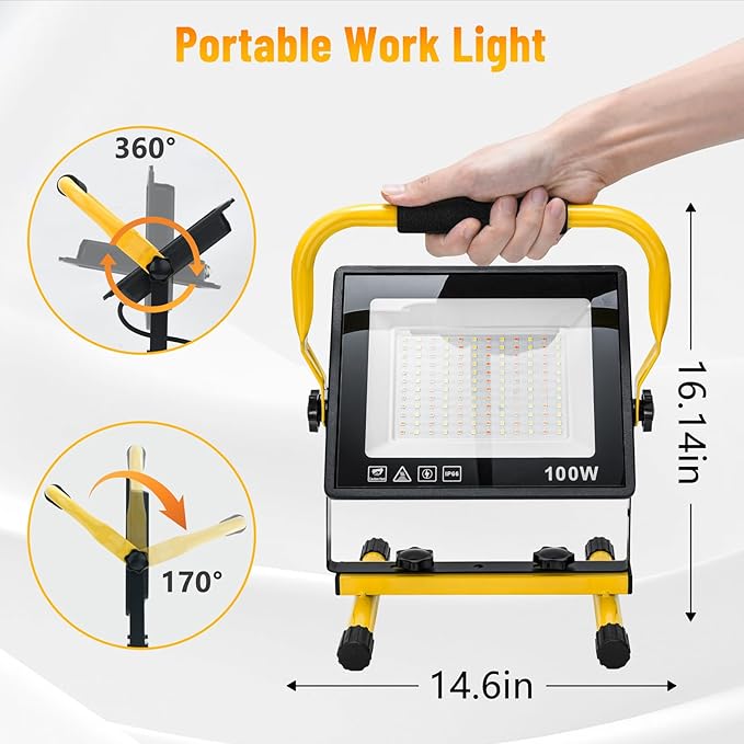 100W Led Work Light, 3000K/5000K/6500K Selectable Work Light, 10000LM Portable Work Lights with 16.4FT Cord, IP66 Waterproof for Outdoor Indoor Job Site Workshop Flood Lights, Gifts for Him