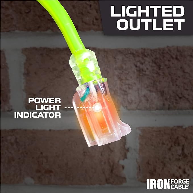 Iron Forge Cable Weatherproof 10 Ft Outdoor Extension Cord - 12/3 SJTW 15 Amp Heavy Duty Light Green High Visibility Cable with 3 Prong - Lighted End