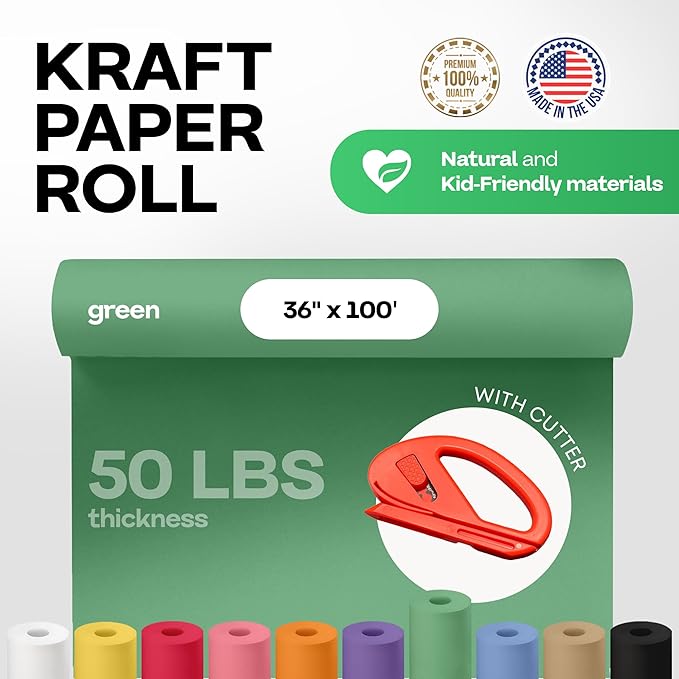 Christmas Green Kraft Paper Roll 36" x 1200" (100 ft) with Cutter - USA-Made Wrapping Paper for Packing, Moving, Shipping & Crafts/Arts - 100% Recyclable Natural Craft Material by IDL Packaging