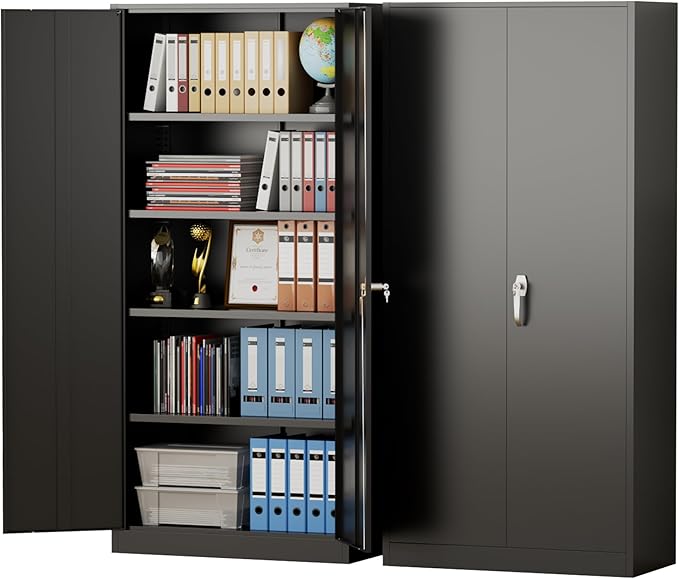 Pataku 71'' Metal Storage Cabinet, Garage Storage Cabinet with 2 Doors and 4 Adjustable Shelves, Steel Lockable Storage Cabinet, Black File Cabinets for Home, Office, Warehouse