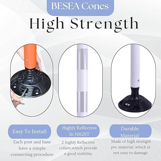BESEA 8 Pack 36 Inch Traffic Delineator Posts with Reflective Collars White Road Cones,White Durable Flexible Safety Cones for Construction, Parking Lot, and Roadway Use