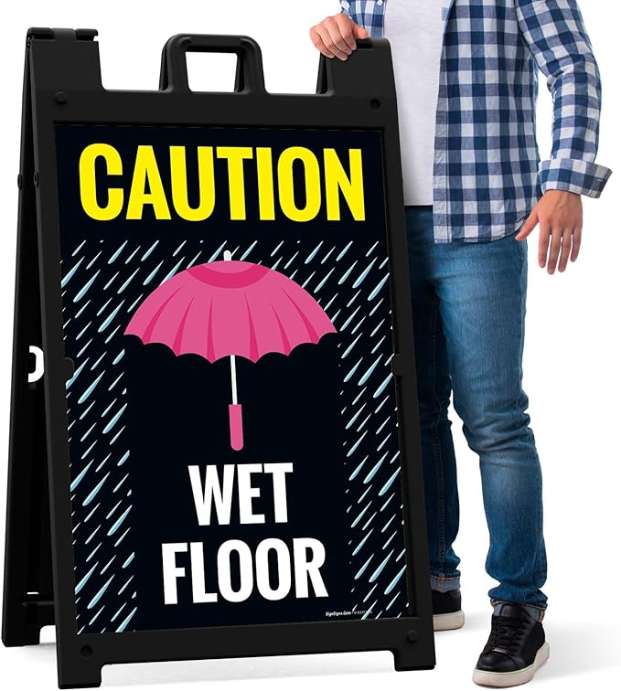 Caution Wet Floor Umbrella Sidewalk Sign Kit, 24x36 Inches, with A Frame Stand, Made in USA