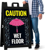 Caution Wet Floor Umbrella Sidewalk Sign Kit, 24x36 Inches, with A Frame Stand, Made in USA