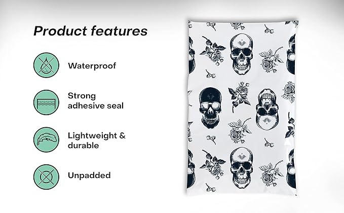 Package Mint Poly Mailers 6 x 9 200 Pack | Waterproof & Tear Resistant Mailing Envelopes for Small Business Supplies | Shipping Bags for Clothes | Cute Shipping Bags for Small Business -Skull Rose