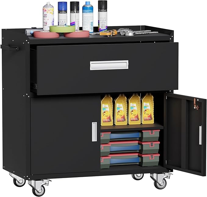 Metal Garage Storage Cabinet with Wheels ，Rolling Toolbox with Lockable Drawer, Utility Cabinet for Home, Office, Garage and Workshop (Black)