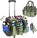 Rolling Cleaning Caddy Bag with Detachable Trolley, Cleaning Supplies Organizer Cart on Wheels, Cleaning Supply Caddy for Housekeepers, Large Professional Detailing Bag Tote for Home, Car (Green)