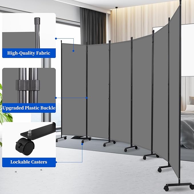 Room Divider 6FT Room Partition with Lockable Wheels, (Thicked Metal Base) Room Dividers, Freestanding Indoor Folding Privacy Screens, Portable Fabric Wall Divider for (Grey, 132"- 6 Panel)