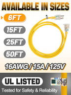 Lighted End Heavy Duty Outdoor Extension Cord Waterproof -16AWG, 3 Prong, 15A, 1875W, Flexible Yellow Power Extension Cord for Outsides, 6ft