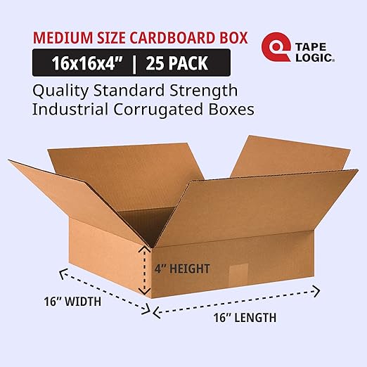 TAPE LOGIC 16 x 16 x 4 Corrugated Cardboard Boxes, Flat 16"L x 16"W x 4"H, Pack of 25 | Shipping, Packaging, Moving, Storage Box for Home or Business, Strong Wholesale Bulk Boxes