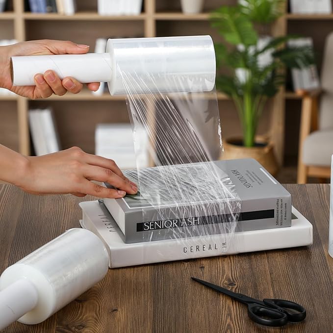 Frienda 6 Pcs 5 Inch Plastic Stretch Wrap Film Roll 500ft Clear Mini Moving Plastic Wrap Roll with Handle 80 Gauge Shrink Wraps Industrial Strength Shrink Film for Moving, Packing, Self Adhering