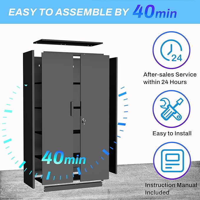 Metal Garage Storage Cabinet with Lock, 71" Tall Steel Storage Locker with 4 Adjustable Shelves, Heavy Duty Metal Cabinet for Garage, Office, Home, 31.5”W × 16.5”D, Black
