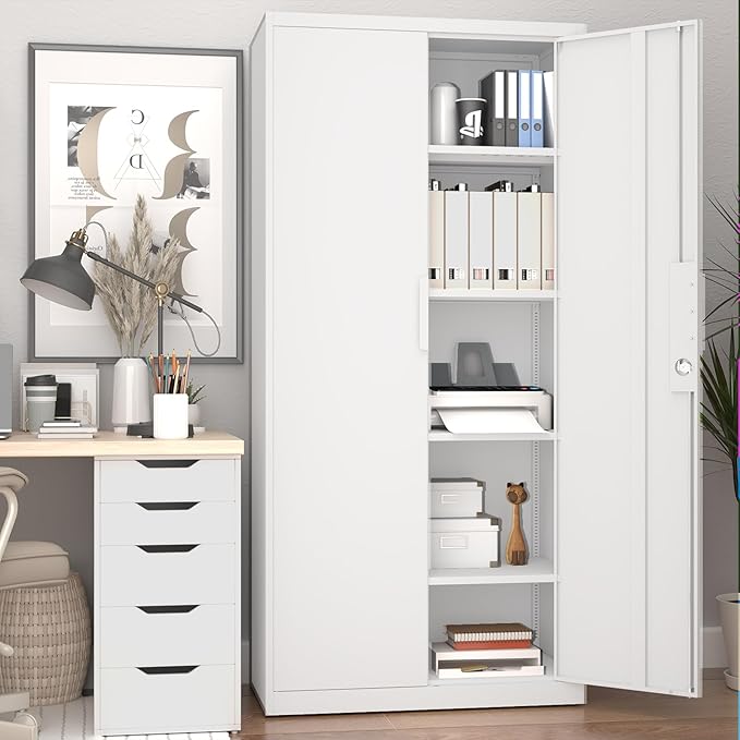 LUCYPAL Garage Storage Cabinets with Lock Doors,Metal Garage Storage Cabinets with 4 Adjustable Shelves for Home,Office, Warehouse(White)