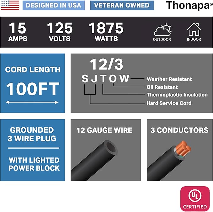 12/3 Black Oil Resistant Extension Cord 100 ft, SJTOW 12 Gauge Heavy Duty Extension Cord with 3 Prong, Black Electrical Cable Great for Farm, Ranch, Workshop - 15 AMP, US Veteran Owned Brand
