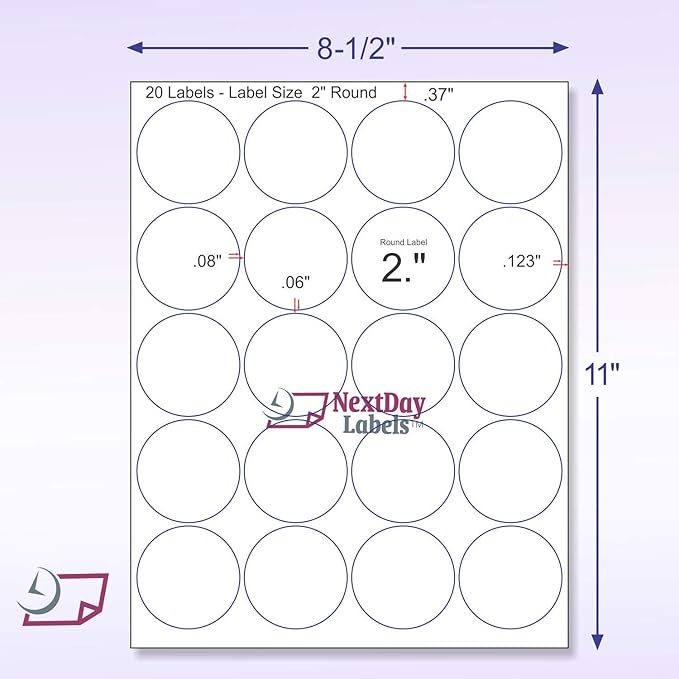 NextDayLabels - Laser/Ink Jet White Labels (2" Round for None Bleed Printing - 20 Per Page | 10,000 Labels)