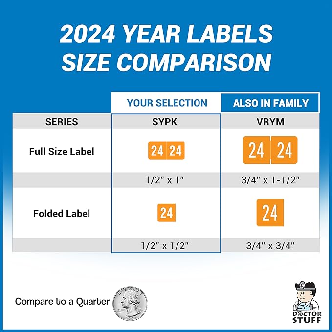 2024 MINI Year Stickers, Orange, Compatible with Smead ETS Series, Doctor Stuff 2024 Chart Stickers, USA Made Year Labels for End Tab File Folders, 250/Pack, 1 Package, 1/2" x 1" - Small Labels
