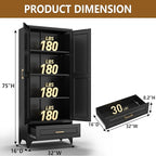 Kitchen Pantry Cabinet, 75" Tall Pantry Cabinet with Drawer, Metal Storage Cabinets with Doors and Shelves, Freestanding Food Cupboards for Dining & Living Room, Black, Assembly Required