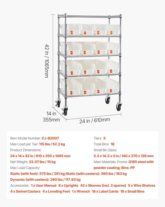 VEVOR 5-Tier Rolling Bin Storage Rack, 16 Organizer Bins, Bin Rack Storage Steel Wire Shelving System with Wheels, Mobile Tool Organizer for Garage, Warehouse, Office, Restaurant, Classroom, Kitchen