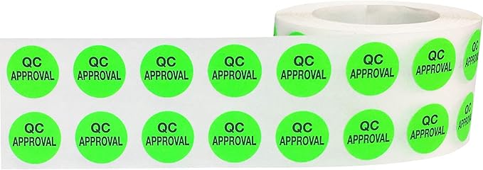 Quality Control Approval Stickers, QC Tester Labels on Fluorescent Green Paper, Suitable for Warehouse and Manufacturing, 1/2 Inch Round, 1000 Labels Per Roll