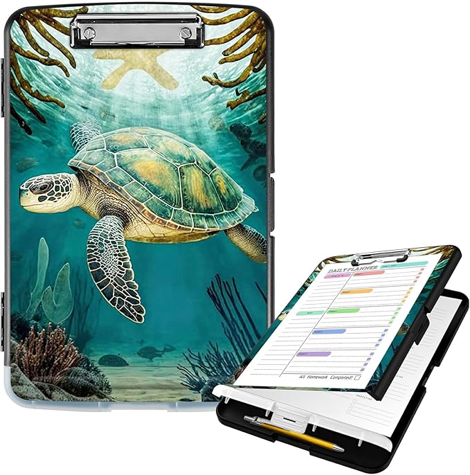 Clipboard with Storage High Capacity Plastic Nursing Clipboards with Pen Holder File Folder Storage Box Clipboard with Heavy Duty Clips for Teacher,Doctor,Offices-Turtle