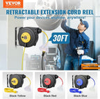 VEVOR Retractable Extension Cord Reel, 30 FT, Heavy Duty 16AWG/3C SJTOW Retractable Power Cord Reel with Lighted Triple Tap Outlet 10 Amp Circuit Breaker 4.5FT Lead-in Cord, for Ceiling or Wall Mount