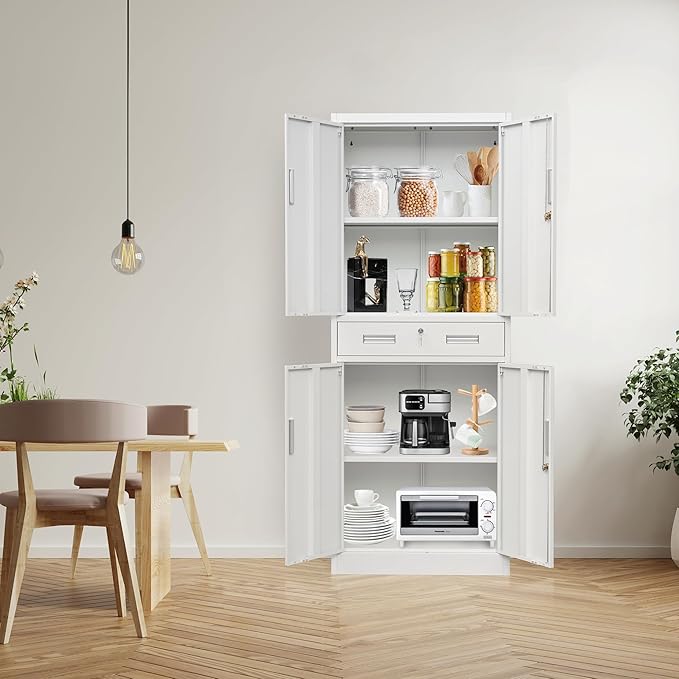 Metal Storage Cabinet, 71" H x 28" W x 16" D Locking Storage Cabinet with Adjustable Shelves and One Drawer for Office, Garage, Home, School, Utility(White)