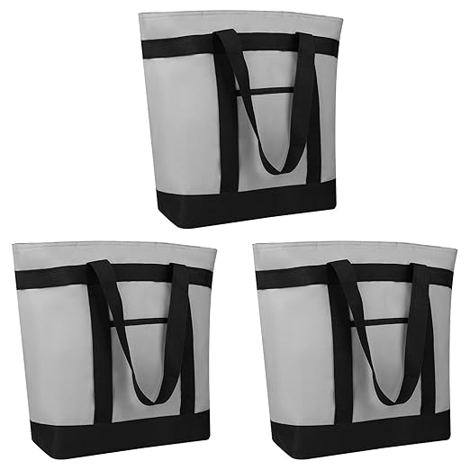 Insulated Reusable Tote Bag for Grocery Shopping for Women/Men, Pizza/Food Delivery Bag to Keep Food Cold/Hot for Professional Catering, Cooler bags for Travel/Beach/Picnic, Grey, 3-Pack