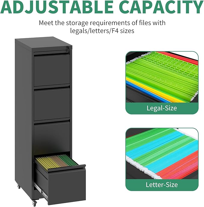 4 Drawer Mobile File Cabinet, Under Desk File Cabinet,Metal Filing Cabinets with Lock for Home Office Organizer Letter/Legal/A4,Require Assembly (Black)