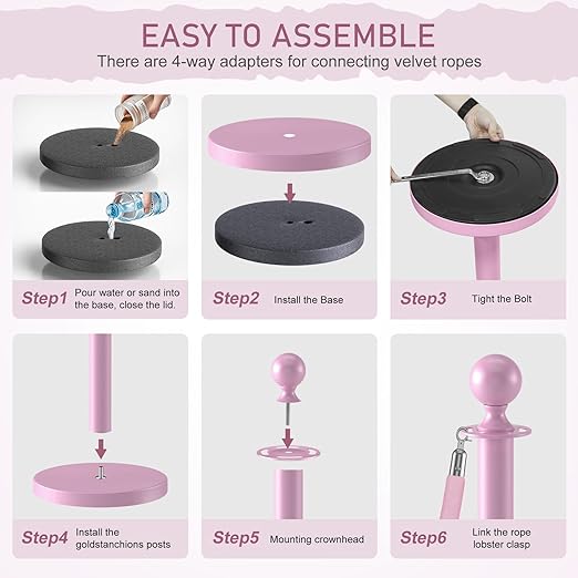 kaiyomi 6Pcs Stanchions with Pink Velvet Ropes Set, 5 Feet Velvet Ropes and Posts Poles for Red Carpet Party Decoration and 360° Photo Booth (Pink)