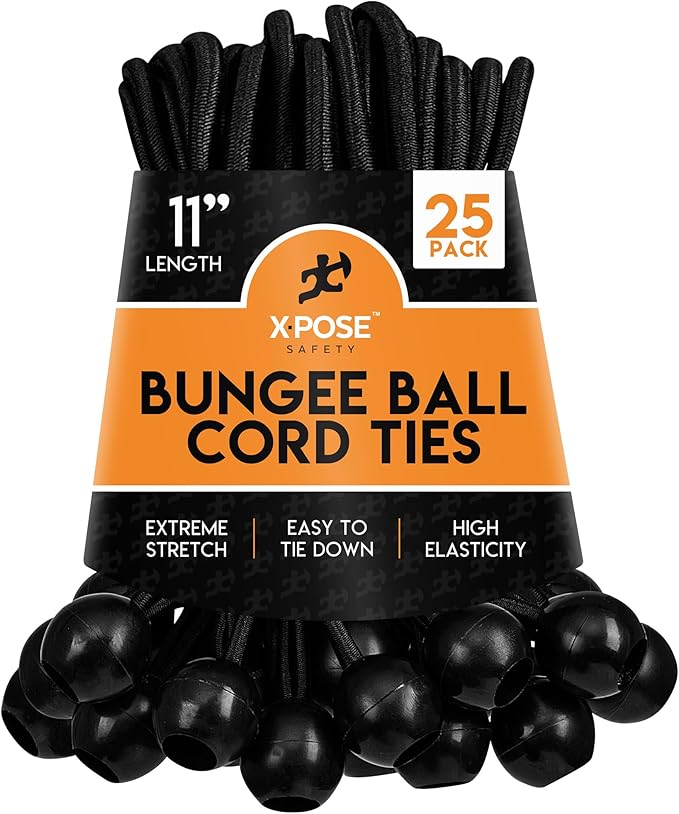 Xpose Safety Bungee Ball Cords 11" 25 Pack Heavy Duty Black Stretch Rope with Ball Ties for Canopies, Tarps, Walls, Cable Organization