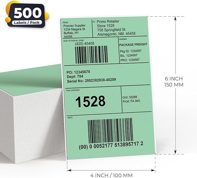 Green Direct Thermal Labels 4 × 6 Inch Vinyl Self-Adhesive Fanfold Shipping Stickers Waterproof Perforated Printer Decal for Office School Warehousey 500 PCS