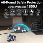 Surge Protector Power Strip with USB Ports, 12 Outlets 2 USB-C 2 USB-A, 6 Ft Flat Plug Extension Cord, Multi Plug Outlet as Charging Station for Desk, Office, Home,Dorm, UL Certification (Black)