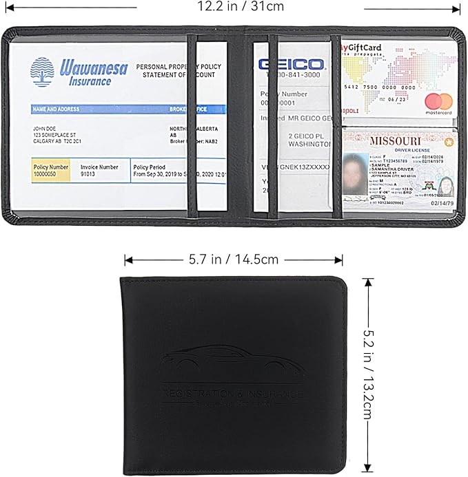 Car Registration and Insurance Holder, Premium Pu Leather Vehicle Glove Box Organizer - for Driver License, Cards & Essential Documents (S-Black)