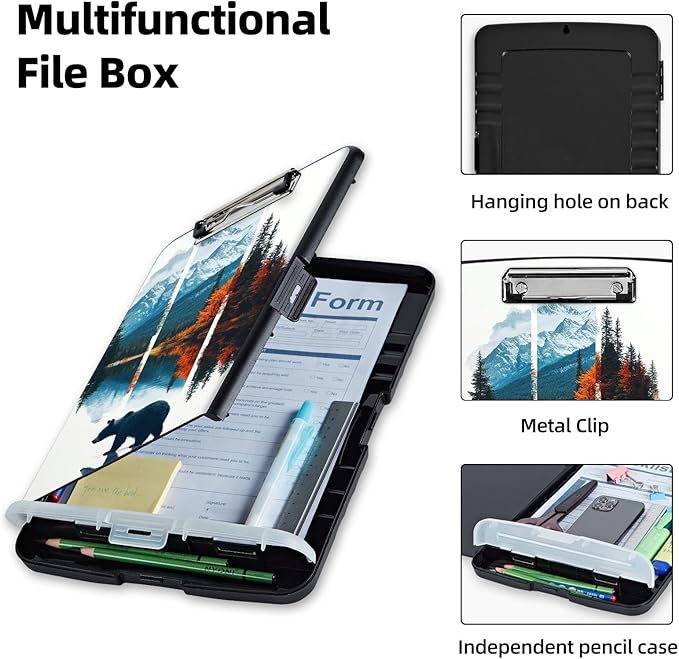 Clipboard with Storage Box & Pen Holder,Heavy Duty Clip Boards 8.5x11 for Nursing,High Capacity,School & Office Supplies,Mountain Bear Autumn