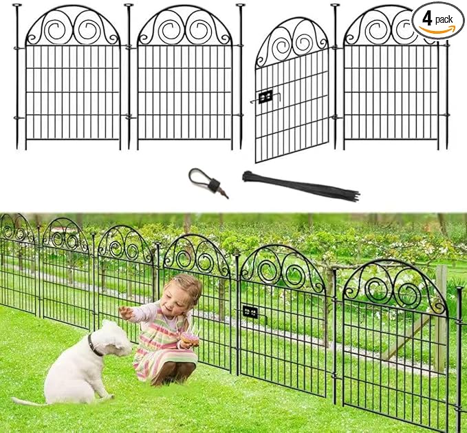 Tall Garden Fence with Gate, 40 Inch(H) 4 Panels Total Length 8.8 Ft Dog Fences Outdoor for Yard, Black Metal No Dig Fencing for Dogs, Reusable Decorative Fence for Garden│Patented