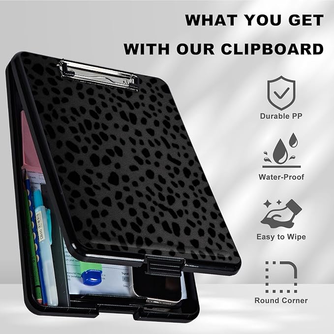 Clipboard with Storage,Plastic Storage Clipboard with Low Profile Clip, Heavy Duty Nursing Clipboards Foldable,Coaches Clipboard Case for Work, Teacher,Office School Supplies,Black Leopard Print