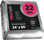 PROTARP Extreme Heavy Duty 22 Mil Tarp Cover, Waterproof, UV Resistant, Rip and Tear Proof, Poly Tarpaulin with Reinforced Edges for Roof, Camping, Patio, Pool, Boat. (Silver/Black 24′ X 50′)