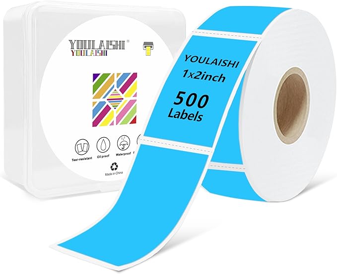 1X2 inch Label Stickers Roll for Thermal Printer 500PCS Colored Removable Freezer Labels Waterproof Blank Sticker Labels to Write on for Food Containers and Jars, Sky Blue