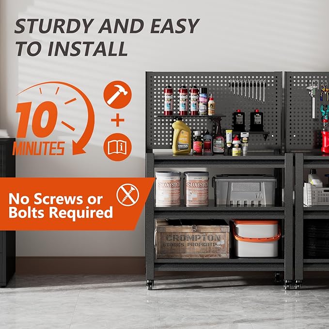 Metal Garage Shelving Unit with Pegboard, Heavy Duty 3000LBS Capacity Adjustable Industrial Storage Shelves, Mobile Steel Storage Rack for Garage, Warehouse, Basement, 47.2" H x 33.5" W x 18" D, Black
