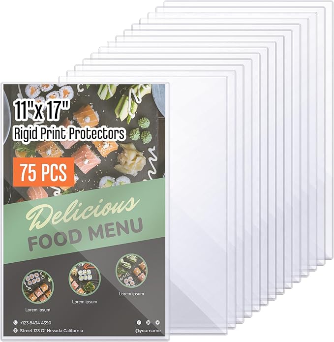 Henoyso 75 Pcs 11" x 17" Rigid Print Protectors, Heavy Duty Hard Plastic Sheet Page Protectors Crystal Menu Holder Clear Poster Sleeve Top Loading Frame for Magazine Photo Paper Poster Prints