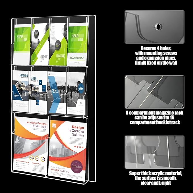 Weysat Acrylic Brochure Holder Wall Mount, Clear Plastic Pamphlet Holder Magazine Display Trifold Flyer Rack Hanging Literature Storage Organizer(2 Magazine Pockets, 8 Pamphlet Pockets)