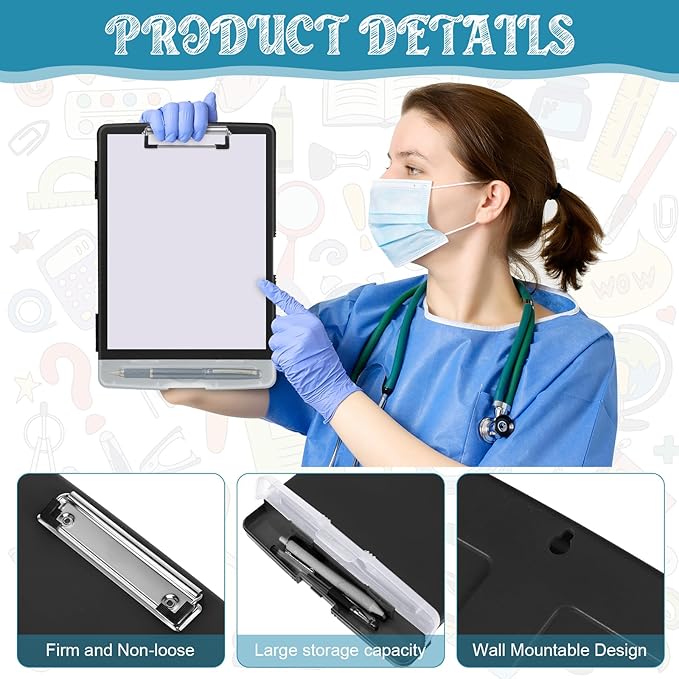 Crtiin 6 Pcs Plastic Clipboard with Storage Colored A4 Nursing Holder Heavy Duty Waterproof Storage Clipboard Folder for Office School Nurses Teacher Essentials (Black Color)
